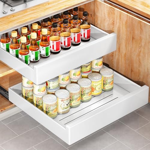 Pull Out Cabinet Organizer with Nano Adhesive, Heavy Duty Full-Extension Slide-Out Drawer for Kitchen Cabinet Organizers and Storage, No Drill Roll out Pantry Shelf, 18.5"W x 16.9"D x 3.1"H , White - color: White, size: 18.5" Wide-16.9"Deep (1Pack）