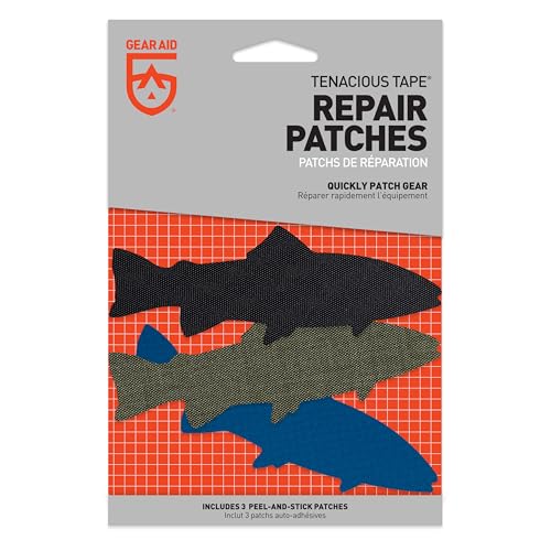 GEAR AID Tenacious Tape Repair Patches – Peel-and-Stick Nylon Gear Patches for Jackets, Tents, Sleeping Bags, Backpacks, and Outdoor Gear – Fix Rips, Tears, and Holes, 3 Patches, Fish - style: Fish Patches (3 Patches)