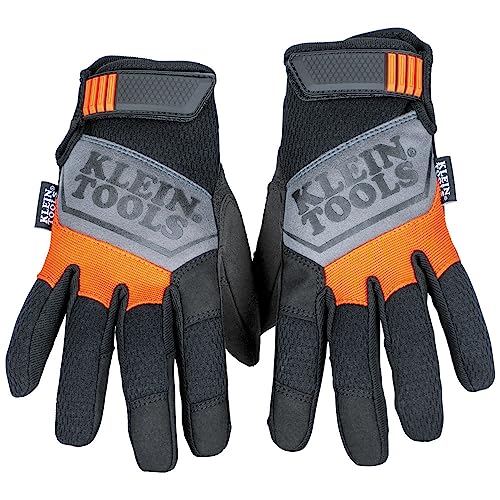 KLEIN TOOLS 60594 Work Gloves, General Purpose Gloves, Comfortable Suede Palm, Touchscreen Capable, Hook and Loop Closure, Small - color: Black, Orange, Grey, size: Small