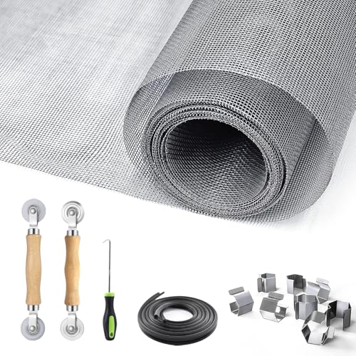 King&Charles Window Screen Door Repair/Replacement Kit, Include Gray Screen Mesh 59"x106"+ 2 Roller+50Ft Spline+8Clips+Hook, 6 in 1 Window Mesh Kit, Steel/Nylon Bearing Roller - color: Gray, size: 59"×106" Kit