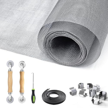 King&Charles Window Screen Door Repair/Replacement Kit, Include Gray Screen Mesh 59"x106"+ 2 Roller+50Ft Spline+8Clips+Hook, 6 in 1 Window Mesh Kit, Steel/Nylon Bearing Roller - color: Gray, size: 59"×106" Kit