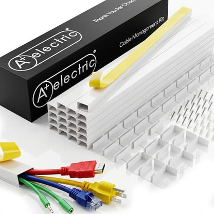 A+ ELECTRIC Cord Cover Full Kit, 26ft/315in Self-Adhesive Cable Raceway, 20 Snap-On Channels, Wire Hider for TV, HDMI & Speaker Cables, Includes Connectors & Corners, Paintable Cable Management, White