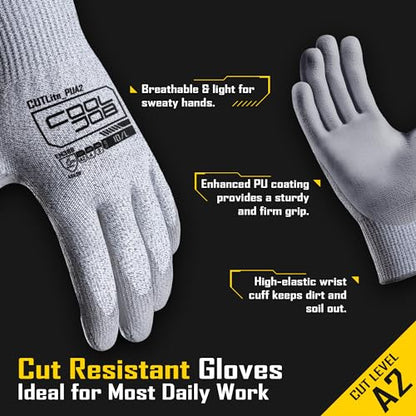 COOLJOB 12/120 Pairs Cut Resistant Safety Work Gloves with Grip, 13 Gauge Seamless Shell with PU Coating, ANSI A2 A4 A6, Gray - size: Small (Pack of 12), style: Ansi A2 Cut Level