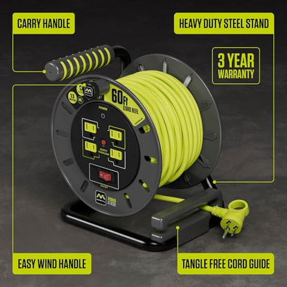 Masterplug 60ft Cord Reel, Retractable Extension Lead with Winding Handle, Safety Overload Circuit Breaker and Power Switch, 4X Grounded Outlets, 13amps, 14AWG Cable - size: 60ft