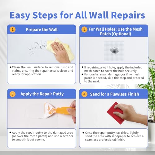 YKF Drywall Repair Kit (18 oz) - Spackle Paste with Scraper & Self-Adhesive Mesh - Quick Dry Waterproof Wall Repair for Holes, Cracks, Nail Holes, Dents - White - style: 18 oz Kit (with Scraper & Mesh Tape)
