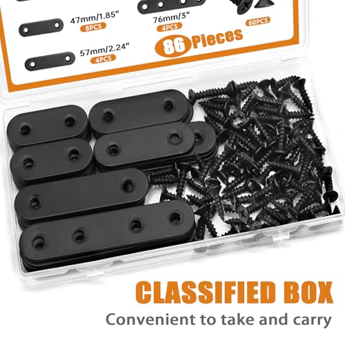 mankk 86PCS Black Straight Flat Metal Bracket Mending Plates Stainless Steel Flat Brace Brackets Fixed Connecting Plate for Wood Repair Fixing - color: Black-36/46/56/76mm