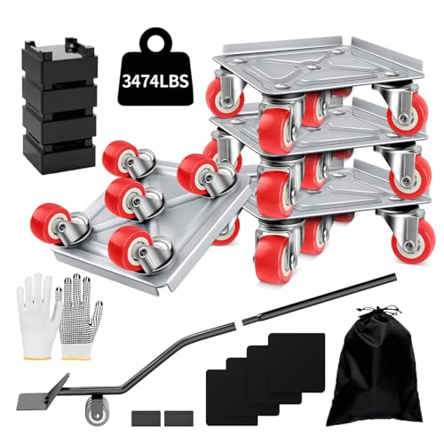 Upgrade 3474LBS Heavy Duty Furniture Dolly & Movers, 6.5" Carbon Steel Panel with 5 360° Rotatable Rubber Universal Wheels, Includes Non-Slip Sliders & Lifter Tool for Moving Pianos, Sofa, Appliances - color: Silver(upgrade)
