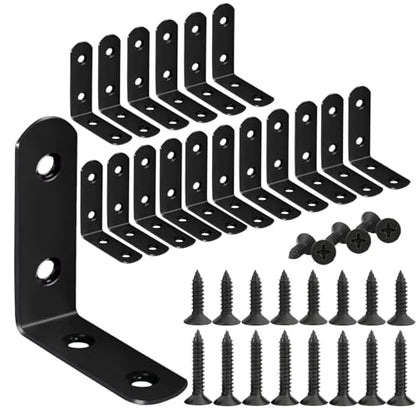 18-Pack L Shape Corner Brackets, Stainless Steel Metal Angle Braces for Wood Furniture, Heavy Duty Black 2 inch Shelf Bracket with Long Screws for Household Project (L Shape Black) - style: 2inch L Shape Black 18pcs