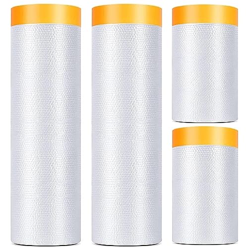 4 Pack Tape and Drape, 3 Sizes Pre-Taped Masking Film for Auto Painting Covering, 65.6 Ft/Pack Plastic Pre-Adhesived Dust Paint Protective Drop Film for Furniture, Car, Floor - size: 3 Sizes x 65.6 Foot - 4 Rolls