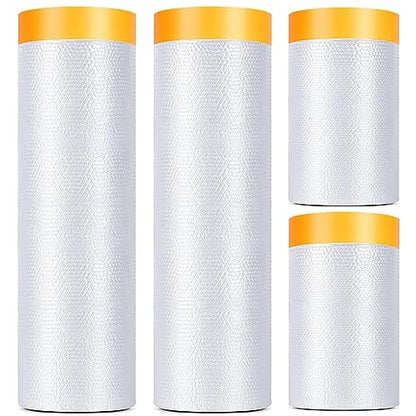 4 Pack Tape and Drape, 3 Sizes Pre-Taped Masking Film for Auto Painting Covering, 65.6 Ft/Pack Plastic Pre-Adhesived Dust Paint Protective Drop Film for Furniture, Car, Floor - size: 3 Sizes x 65.6 Foot - 4 Rolls