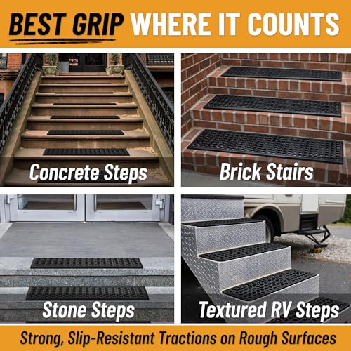 Ottomanson Outdoor Rubber Stair Treads – Circles Heavy-Duty Non-Slip Stair Mats – Best Grip on Concrete, Brick & Textured Step – Fastening Recommended for Wooden & RV Steps, Pack of 5 - color: Black Circles