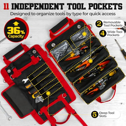 Roll Up Tool Bag, Heavy Duty See-Through Tool Roll Organizer with 2 Detachable Pouches, Portable Mechanic & Motorcycle Tool Bag, Birthday & Father’s Day Gift, Red - color: Red