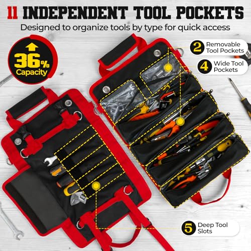 Roll Up Tool Bag, Heavy Duty See-Through Tool Roll Organizer with 2 Detachable Pouches, Portable Mechanic & Motorcycle Tool Bag, Birthday & Father’s Day Gift, Red - color: silvery