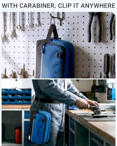 2 Pack Small Tool Bags Zipper Pouch for Organizing, with Adjustable Shoulder Strap & Carabiner, Utility Small Tool Pouch with Multi Pocket Compartments and Label Area (12" & 10") - color: Orange/Blue