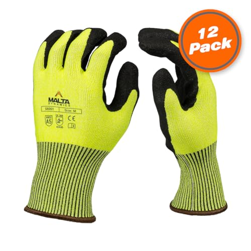 Malta Dynamics Safety Work Protective Gloves – Mens Work Gloves with ANSI Cut Level A5 Protection, Touchscreen Compatible, OSHA and ANSI Compliant (Medium, 12 Pair)