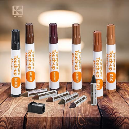 Katzco Set of 34 Wood Markers Furniture Repair Kit - Wood Scratch Repair Markers and Wax Sticks with Sharpener - for Stains, Scratches, Floors, Tables, Desks, Carpenters, Bedposts, Cover-Ups