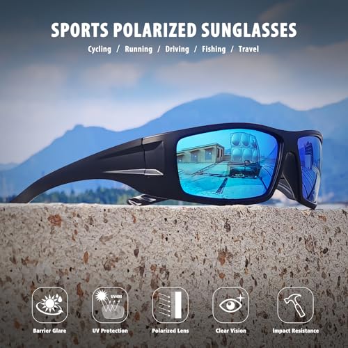 Polarized Sports Sunglasses for Men Women Unbreakable Frame Cycling Fishing Wrap Around Sunglasses UV400 Protection - color: 1-black Frame/Blue Mirror Lens