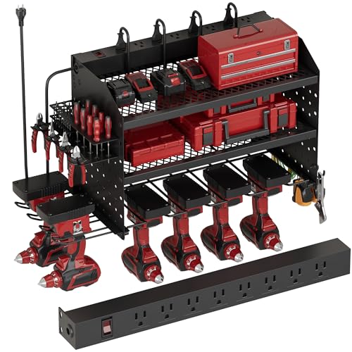 Power Tool Organizer Wall Mount with Charging Station, 8 Outlet Heavy Duty Metal Garage Tool Storage Rack, 23 Inch 3 Tier Shelves for Workshop & Garage Organization - size: 23 Inch 3 Tier Shelves
