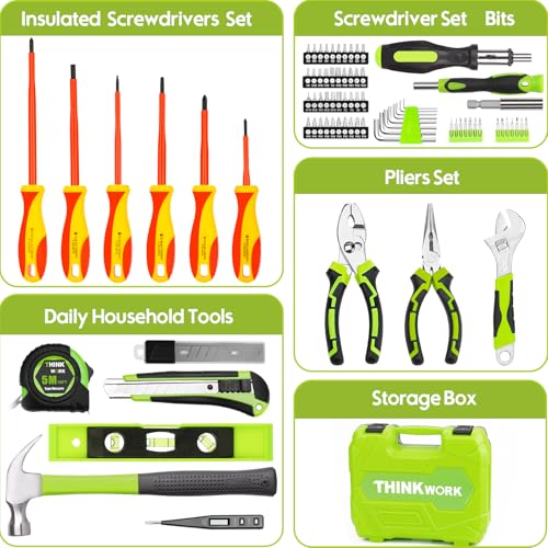 THINKWORK Home Repairing Tool Kit - General Household Hand Tool Set with Storage Toolbox, Small Basic Tool Kit for Men Women, Perfect for DIY, Gift, Home Maintenance, Homeowner, Handyman - style: Green Tool Box Set