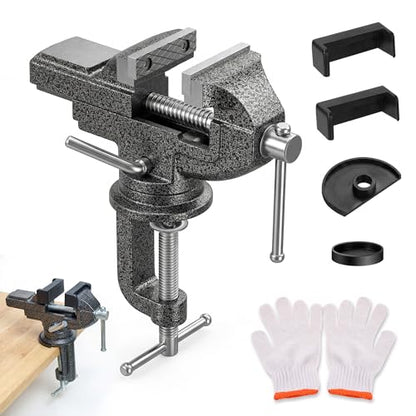 Galio 2.5 Inch Bench/Table Vise - 360° Swivel Base Clamp-On, Quick Adjustment Portable Clamp for Woodworking, Metalworking, Drilling, Sawing, Pipe Cutting, Handcraft & Home Repair
