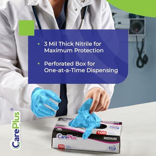 CARE PLUS Nitrile Gloves for Medical Use - Powder & Latex-Free - Black/Blue - S, M, L, XL - 100, 200, 1000 - color: Blue, size: X-Large