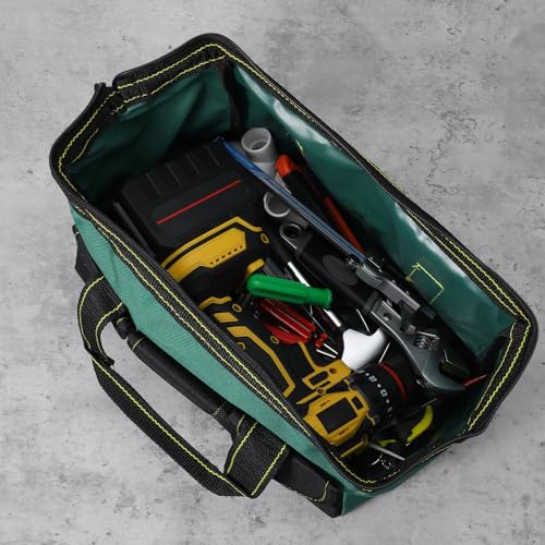 4 Pack Tool Bag for Men with Waterproof Strong Hard Bottom, Heavy Duty Tool Bag Multi Pockets Wide Mouth Tote for Various Instrument, Electrician Carpenter Mechanic (13 Inch, Black, Red, Yellow, Green