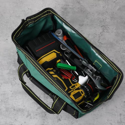 4 Pack Tool Bag for Men with Waterproof Strong Hard Bottom, Heavy Duty Tool Bag Multi Pockets Wide Mouth Tote for Various Instrument, Electrician Carpenter Mechanic (13 Inch, Black, Red, Yellow, Green