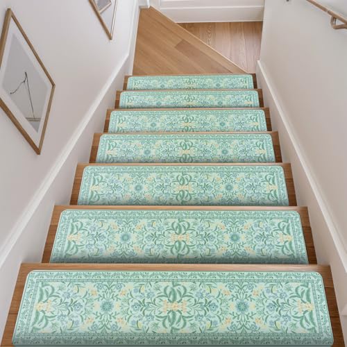 OJIA Blue Floral Stair Treads Non Slip 15PCS, 8"x30" Stair Runner for Wooden Steps Indoor, Rubber Carpet Stair Treads Mats Residue-Free Staircase Step Treads for Kids, Elders, Pets - color: Light Blue-floral, size: 15pcs