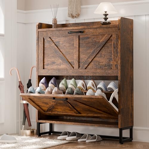 MU Shoe Storage Cabinet with 2 Flip Drawers, Freestanding Shoe Rack Cabinet with Metal Legs, Hidden Shoe Organizer Cabinet for Entryway, Living Room, Rustic Brown - color: Rustic Brown, size: 2 Drawers