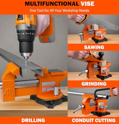 AV Steel 4-1/2" Bench Vise with 240° Flexible Swivel Locking Base and Anvil, High-Strength Multi-Purpose Workbench Vise Heavy-Duty, Cast Iron Workbench for Woodworking, Drilling, Pipe Cutting