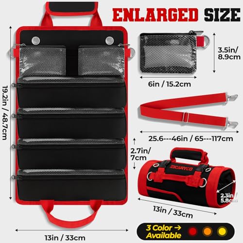 Roll Up Tool Bag, Heavy Duty See-Through Tool Roll Organizer with 2 Detachable Pouches, Portable Mechanic & Motorcycle Tool Bag, Birthday & Father’s Day Gift, Red - color: Red