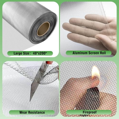 Aluminum Screen Roll with Spline & Rolling Tool – Pet-Resistant Durable Aluminum Window Screen, Screen Repair Kit for Rescreening Windows and Doors