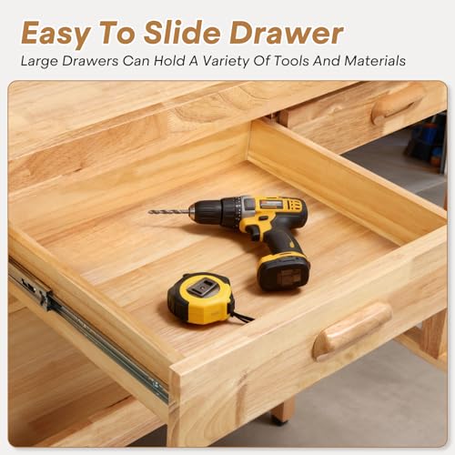 Magshion 60" Rubber Hardwood Work Bench, 500Lbs Load Capacity Heavy Duty Woodworking Table with Solid Oak Vise and Removable Stop Block, Workbench for Garage, Workshop, Home Storage (Natural)