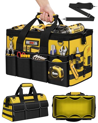 16-Inch Heavy Duty Tool Bag, 19-Pockets Tool Box Organizer, Portable Toolbag W/Soft Handle for Organized Storage, Mechanic Gifts for Men Dad Husband Fathers Day, Wide Mouth Electrician Toolbox, Yellow - style: Handle-Yellow