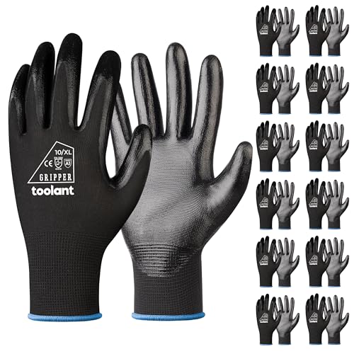 toolant Nitrile Coating Work Gloves for Men, Superior Oil Resistance, Safety Work Gloves with Grip, Touch Screen - color: Black (12 Pairs), size: Large