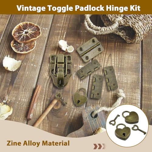 Aifeier ET 2 Sets Retro Style Duckbilled Toggle Hasp Latch Heart-Shaped Padlock and Antique Folding Flush Hinge Kit with Mounting Screws for Jewelry Box Crate Furniture Decoration-Bronze