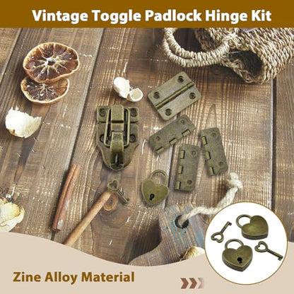 Aifeier ET 2 Sets Retro Style Duckbilled Toggle Hasp Latch Heart-Shaped Padlock and Antique Folding Flush Hinge Kit with Mounting Screws for Jewelry Box Crate Furniture Decoration-Bronze