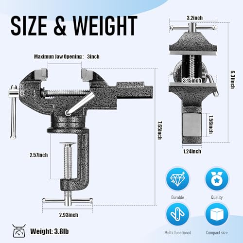 Small Bench Vise 3.2" Clamp-On, Light Duty Hobby Vise with 360° Swivel Base, Portable Table Vise for DIY, Craft, Jewelry, Model Making (Light Duty Workbench Use) - size: 3 Inch