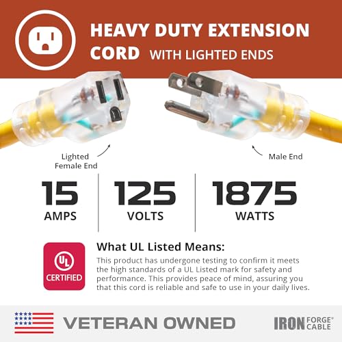Iron Forge Cable 50 Foot Lighted Outdoor Extension Cord - 12/3 SJTW Heavy Duty Yellow Extension Cable with 3 Prong 15 AMP Grounded Plug for Safety - size: 50FT