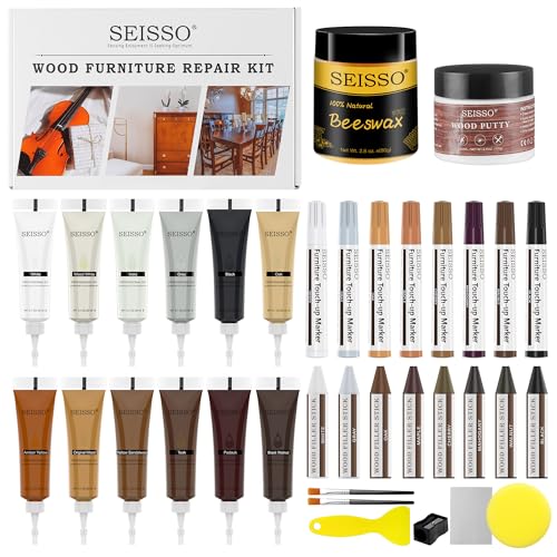 SEISSO Wood Furniture Repair Kit, 12 Colors Wood Fillers, 8 Colors Touch Up Markers&Wax Sticks, Wood Putty with Beeswax, Wood Repairing Kit of Stains, Scratches, Holes, Cracks(36 PCs) - color: Wood Markers+wood Fillers+wood Crayons+putty, size: 36pcs