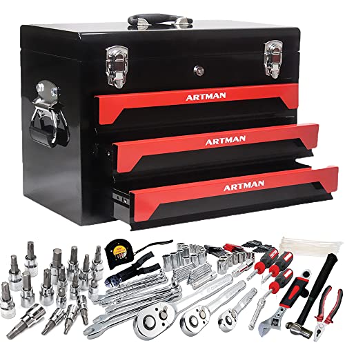 Runboll Mechanics Tool Set 339-Piece 3-Drawer Toolbox with Tools Kits Included, with pliers, ball hammer, screwdrivers, wrenches, Hex Keys, and More - color: Red, size: Toolbox w/ Kits