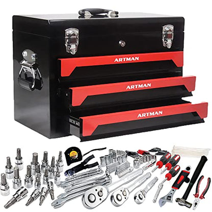 Runboll Mechanics Tool Set 339-Piece 3-Drawer Toolbox with Tools Kits Included, with pliers, ball hammer, screwdrivers, wrenches, Hex Keys, and More - color: Red, size: Toolbox w/ Kits