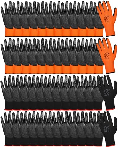 Nuogo 48 Pairs Gardening Gloves for Men Women Rubber Coated Safety Work Gloves Bulk for Gardening Construction Work - color: Black, Orange
