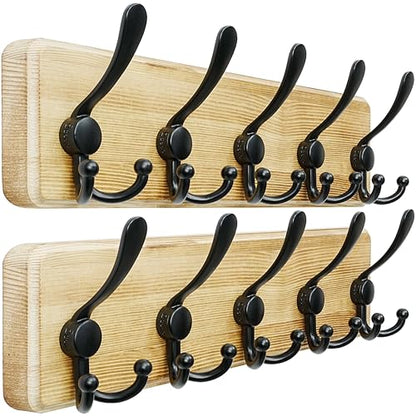 Dseap Coat Rack Wall Mount - Heavy-Duty Robust Rustic Wooden Wall Coat Hanger Hook Rail with 5 Triple Hooks for Winter Coats Hat Jacket Clothing, Light Brown & Black, Pack of 2 - color: Light Brown & Black, size: L=17.4"