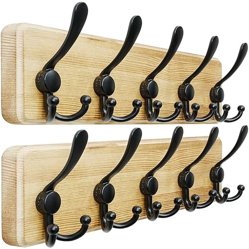 Dseap Coat Rack Wall Mount - Heavy-Duty Robust Rustic Wooden Wall Coat Hanger Hook Rail with 5 Triple Hooks for Winter Coats Hat Jacket Clothing, Light Brown & Black, Pack of 2 - color: Light Brown & Black, size: L=17.4"