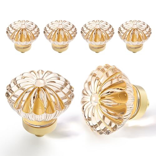 4 Pack Modern Decorative Cabinet Knobs - Champagne Gold & Clear Crystal Drawer Pulls for Dresser, Closet, Cupboard, Bathroom, Kitchen Furniture - Acrylic, Glass, Copper & Gold Accents - color: Champagne Gold, size: 4pack
