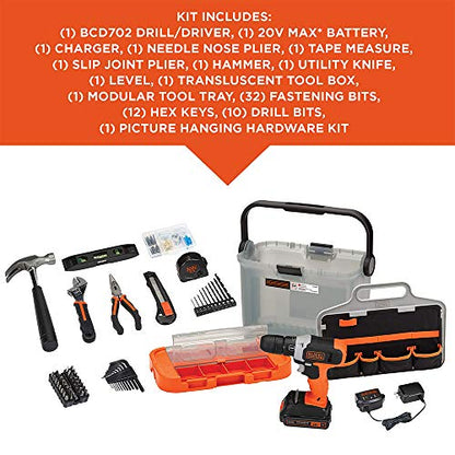 BLACK+DECKER 20V MAX Drill with Home Tool Kit, 64-Piece (BCKSB62C1)