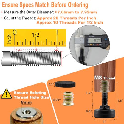 8-Pack Adjustable Furniture Leveling Feet, M8 ISO Metric Thread, 1.8 Inch Height, 1'' Base, Includes Nuts and Felt Padded, Black, Ideal for Desks, Tables, and Chairs
