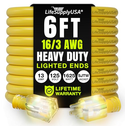 6ft Outdoor/Indoor Extension Cord 16/3 Gauge Heavy Duty 3 Prong SJTW, Waterproof, Flexible Cold-Resistant Long Power Cord,13A 125V 1625W, Yellow by LifeSupplyUSA - color: Yellow, size: 6 Ft, style: 16AWG