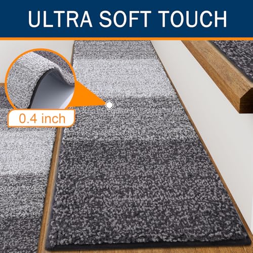 OLANLY Stair Treads Non Slip 15PCS, 8" x 30" Indoor Stair Runners for Wooden Steps, Edging Stair Rugs with Reusable Peel and Stick Adhesive for Kids Elders and Pets, Grey - color: Grey